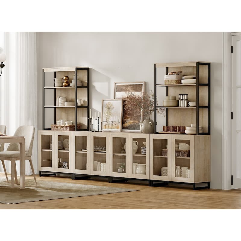 Modern Farmhouse Buffet Cabinet with 3 Tiers and 4 Cabinets, Wooden Sideboard for Dining Room or Kitchen