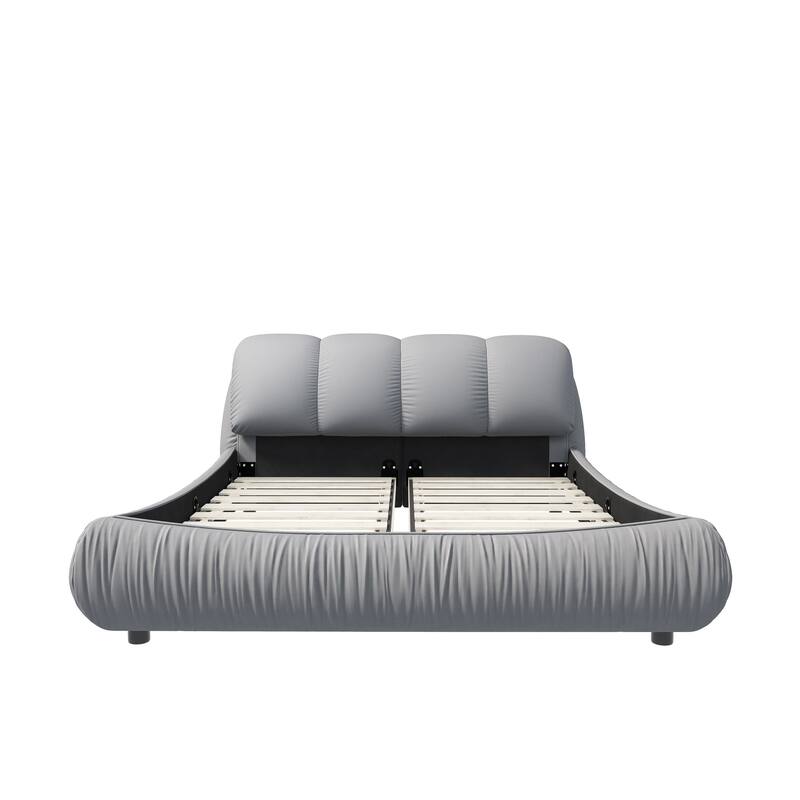 Grey King Size Luxury Upholstered Platform Bed with Oversized Padded Backrest and Solid Frame