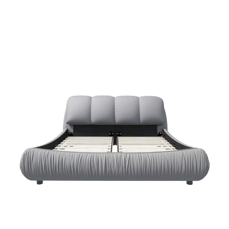King Size Upholstered Bed Frame with Extra-Wide Cushioned Headboard, Solid Pine Slats & Adjustable Mattress Height