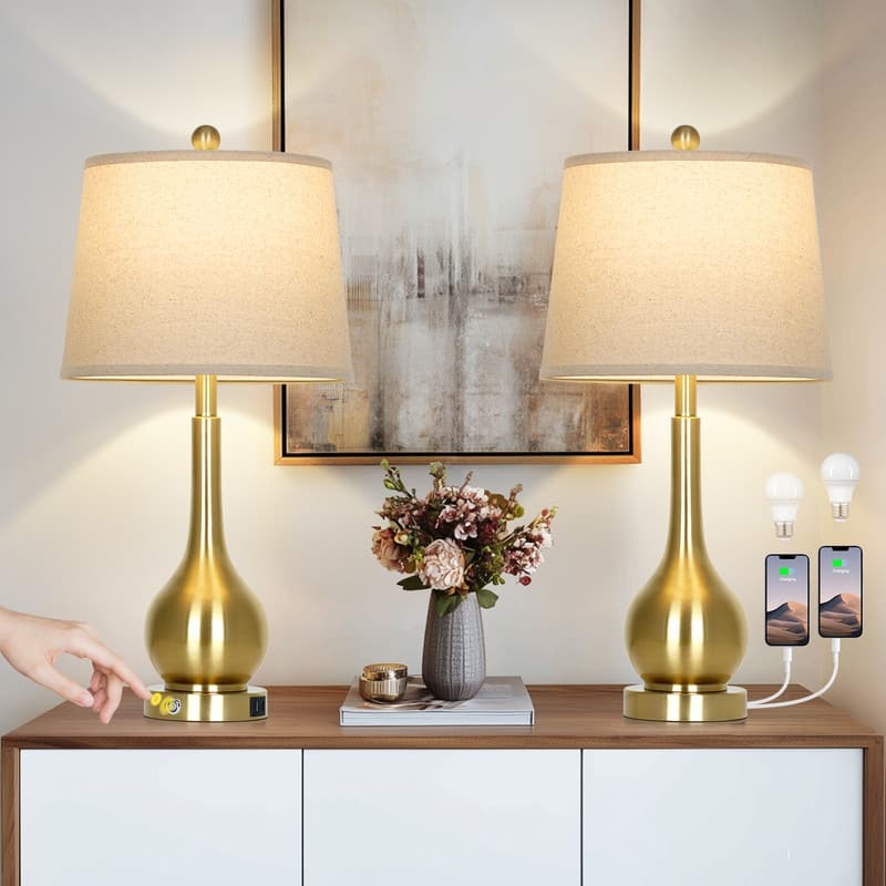 26'' Modern Table Lamps with Dual USB-C Ports & Touch Control - Golden Finish, Oatmeal Fabric Shade (Set of 2)