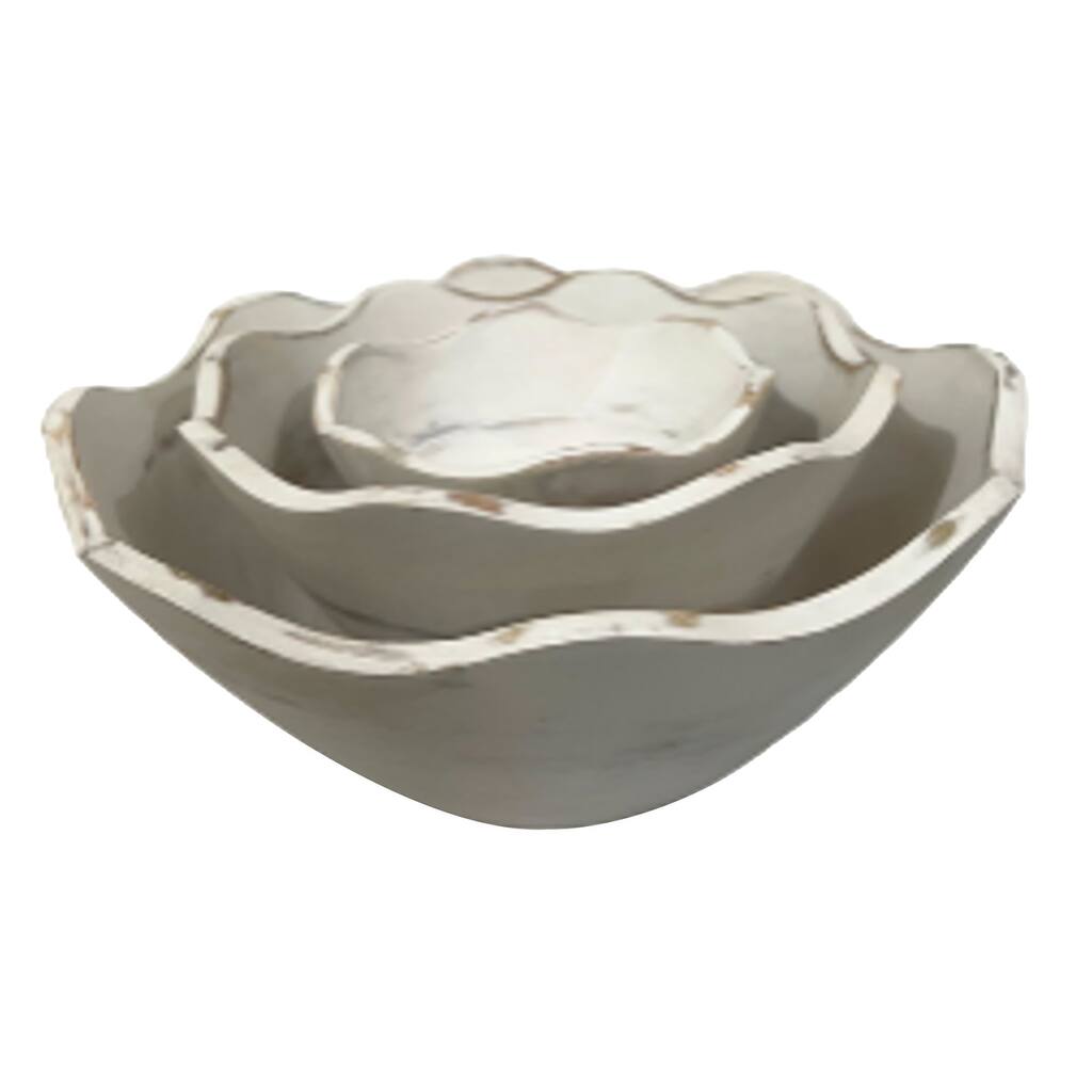 Mango Wood Floral Handmade Decorative Bowl - Set of 3 Brown, White or Dark Brown - Roche River Decor