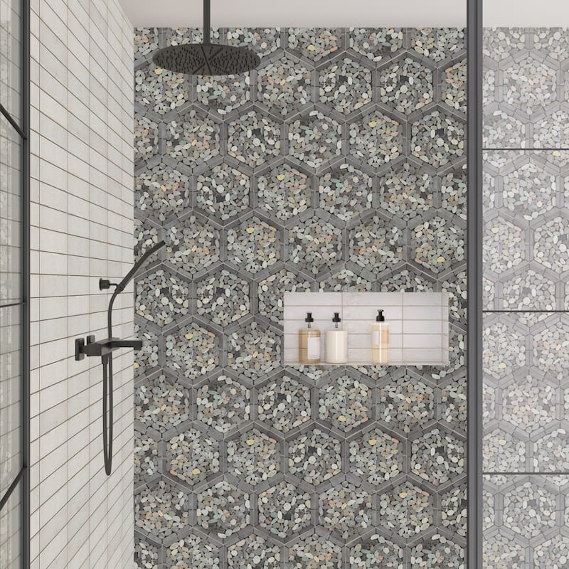 Daltile Pebble Oasis Natural Stone Framed Hexagon Pebble Mosaic 11" x 10" (11 PC per Carton) (10.88 SQFT per Carton)