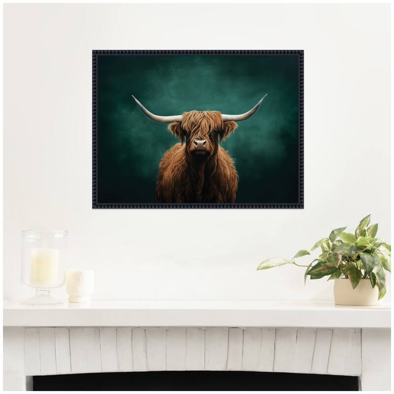 Kate and Laurel Highland Cow on Tonal Teal Green Abstract by The Creative Bunch Studio Framed Canvas Wall Art Print