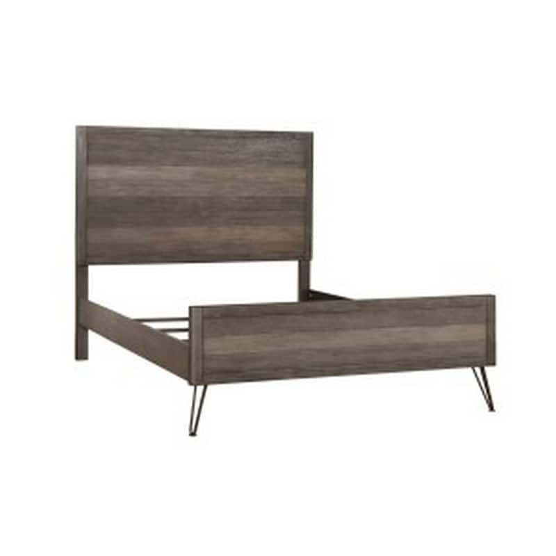 Modern Queen Bed, Panel Headboard and Footboard, Flared Metal Legs, Gray