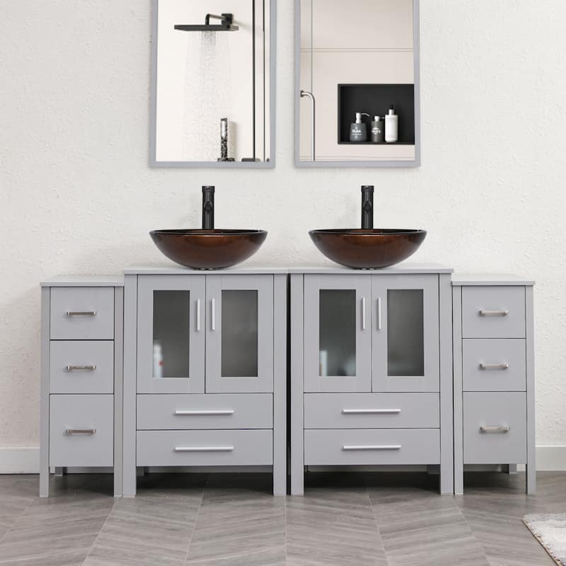 72" Bathroom Vanity Set Glass Ceramic Vessel Sink Side Cabinet Combo - brown round sink - Grey