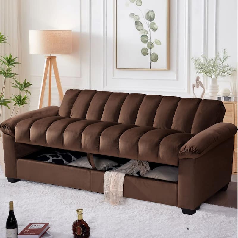 82.7'' Velvet Storage Convertible Sofa Sleeper Couch with 2 Pillows