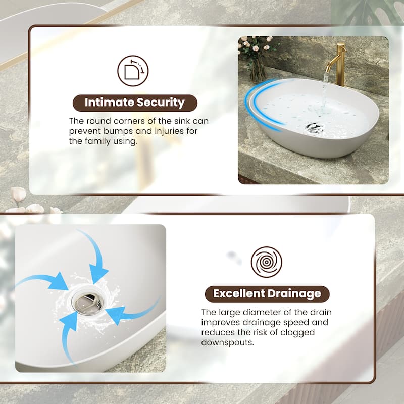 Solid Surface Vessel Bathroom Sink with Pop-Up Drain and Drain Hose, Modern Above Counter Wash Basin with Center Drain