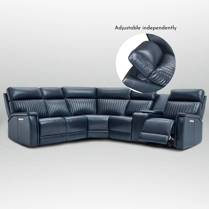 Genuine Leather Power Recliner Sectional Sofa with Console, Ajustable Headrest, USB&USB-C Port