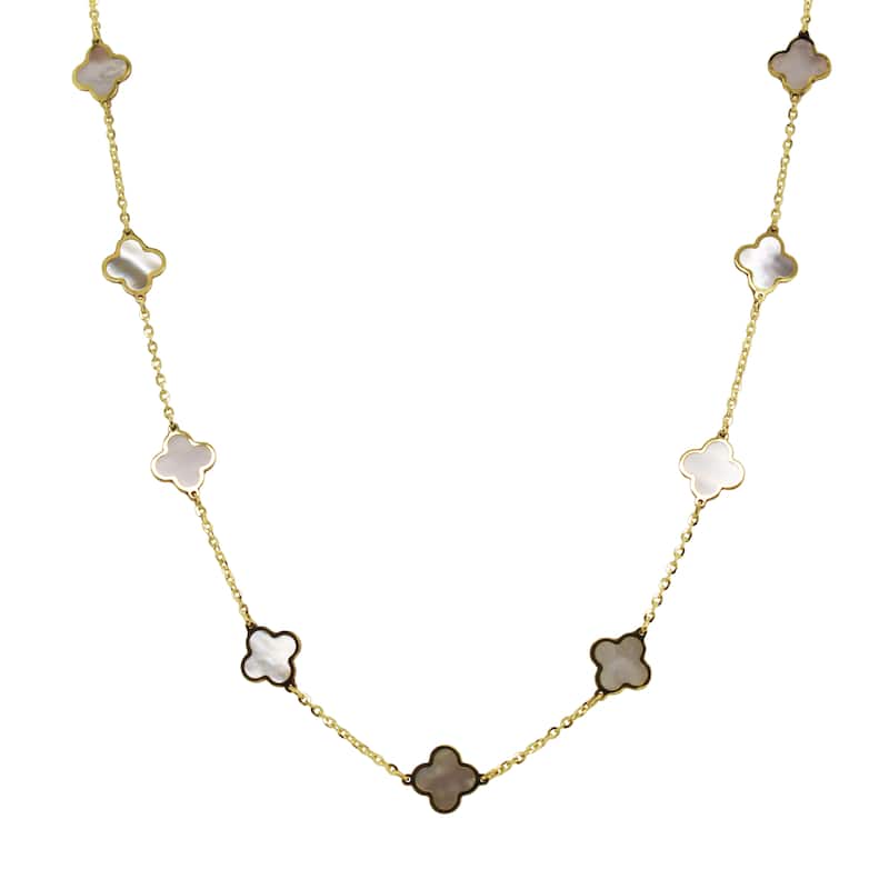 Italian Gold14K Yellow Gold Clover Station Necklace - Made In Italy 7mm Clover 16-18 Inch Chain 2.60 grams - White