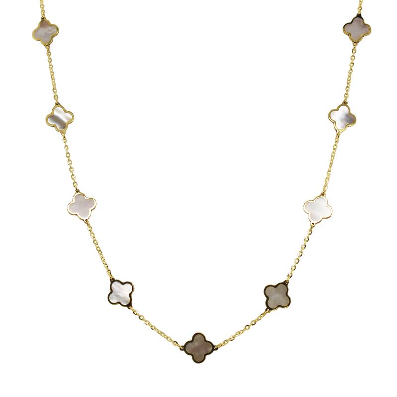 Italian Gold 14K Yellow Gold Mother of Pearl Clover Station Necklace 7mm Pearl Size 16-18 Inch Chain 2.60 grams - Yellow