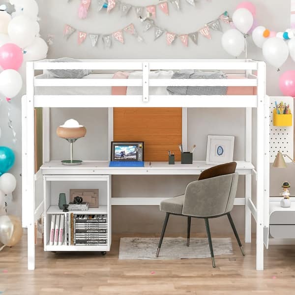 slide 2 of 30, Full size Loft Bed with Desk, Writing Board and Drawers Cabinet, White White