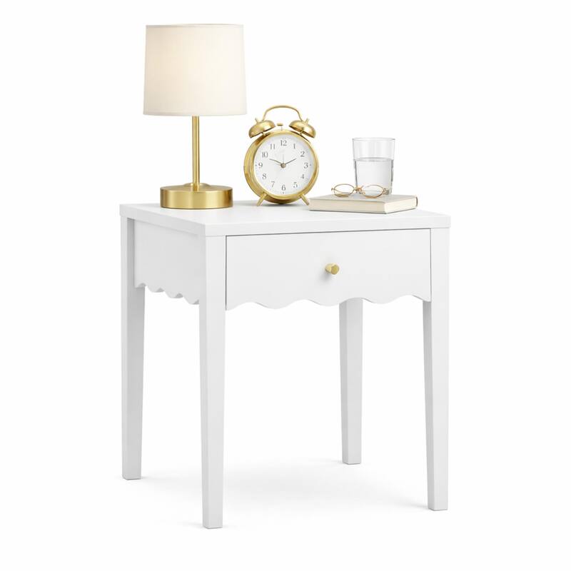 White Nightstand with Drawer, Modern Bedside Table with Wavy Apron Design, Compact End Table, Small Side Table with Storage