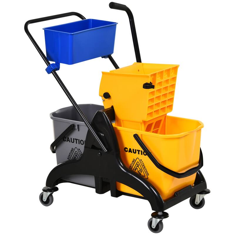 Mop Water Bucket Wringer Cart with Easy to Use Side Press Wringer, Smooth Wheels, Mop-Handle Holder - Yellow