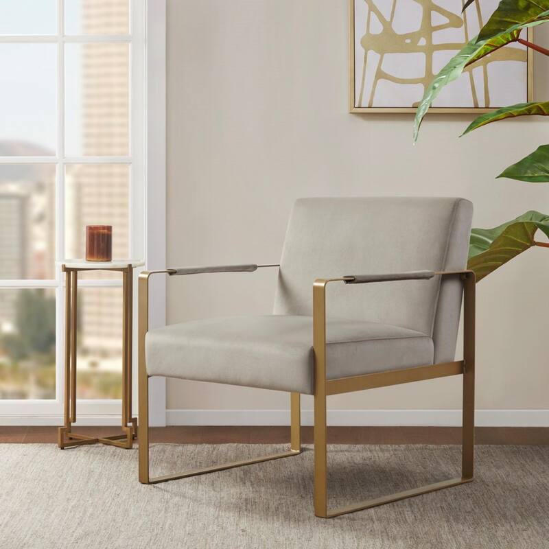 Roomfitters Modern Accent Chair with Gold Metal Frame, Upholstered Lounge Chair with Padded Arms and Plush Seat, Beige