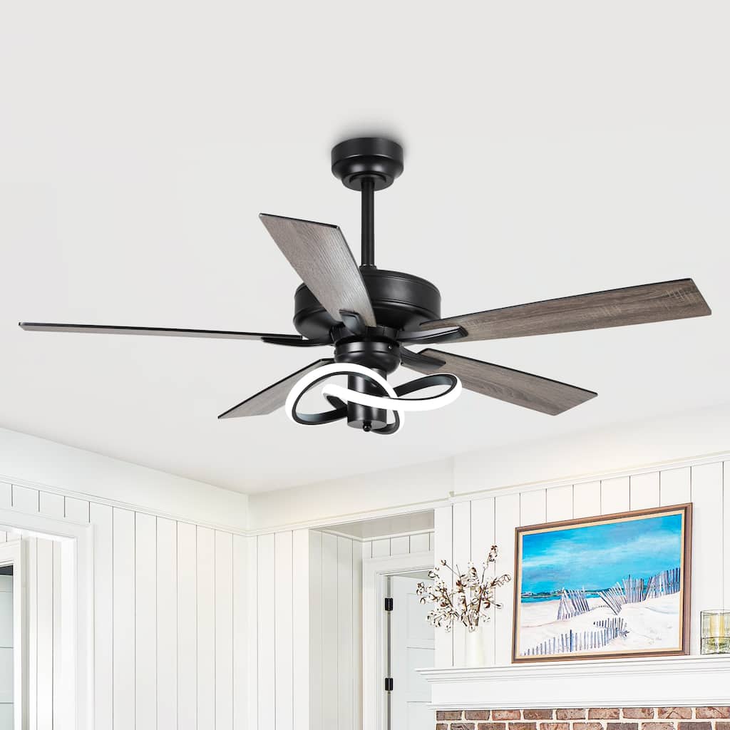 52" Modern Black Stylish Ceiling Fan with Dimmable LED Light and Remote