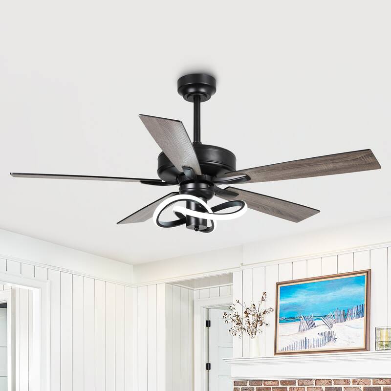 52" Modern Black Stylish Ceiling Fan with Dimmable LED Light and Remote