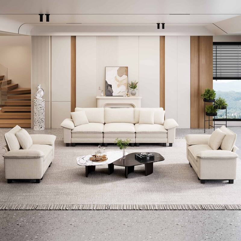 MAISON ARTS Modular Living Room Sofa Set, Comfy 5/6/7-Seat Sectional Couch with 3-Seater, Loveseat or Armchair - Beige Corduroy (5 Pieces) - Reversible