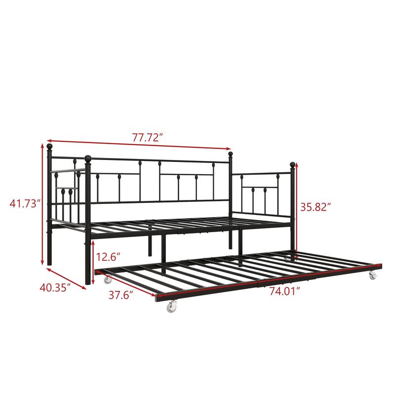 Twin Size Daybed Pull-out Trundle Bed, Metal Daybed Frame with Steel Slatted Support for Bedroom, Guest Room