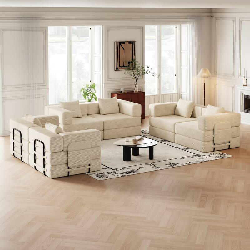 Corduroy Folding Loveseat Couch Set of 3 Convertible Sleeper Sofa Bed with Side Pockets, Modular Floor Mats with Anti-slip Pads - Beige