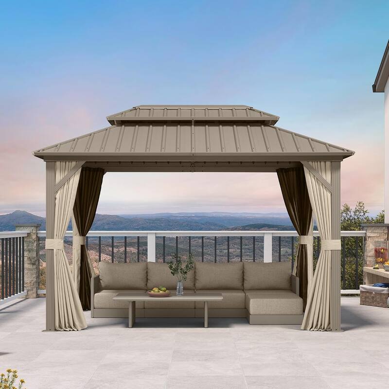 PURPLE LEAF Outdoor Hardtop Gazebo Champagne Metal Frame Galvanized Steel Double Roof with Curtains and Netting for Poolside - 08' x 12' - Gold