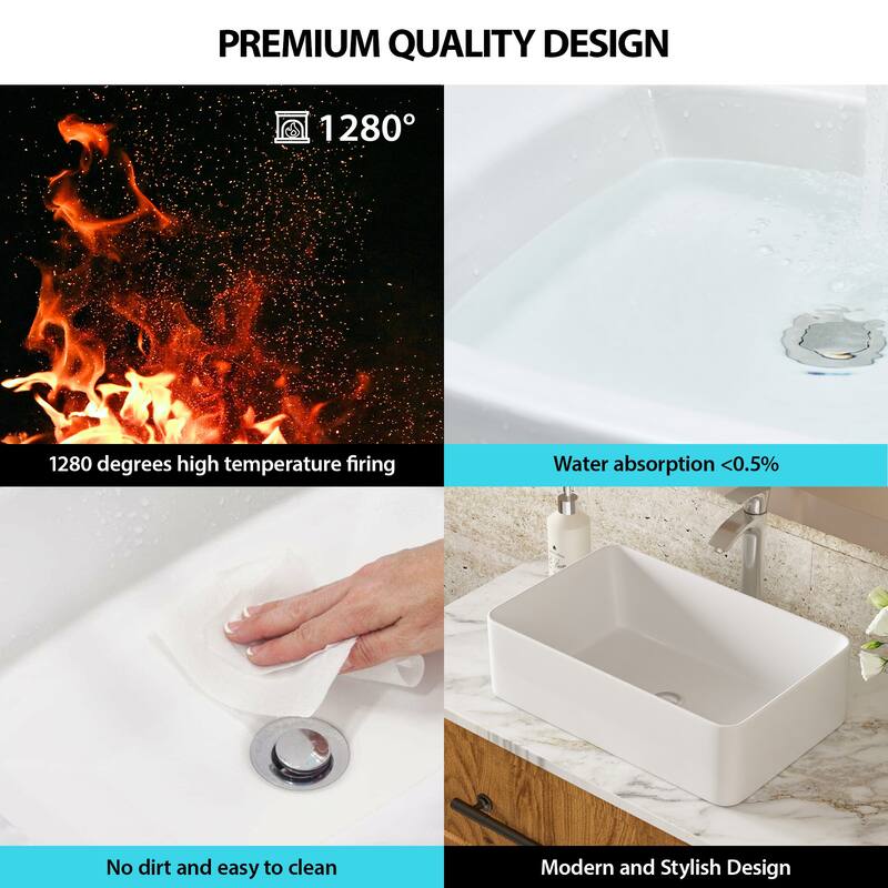 Sleek White Ceramic Bathroom Sink - 21"x14", Stain-Resistant, Contemporary Design, Countertop Mount - 21in L
