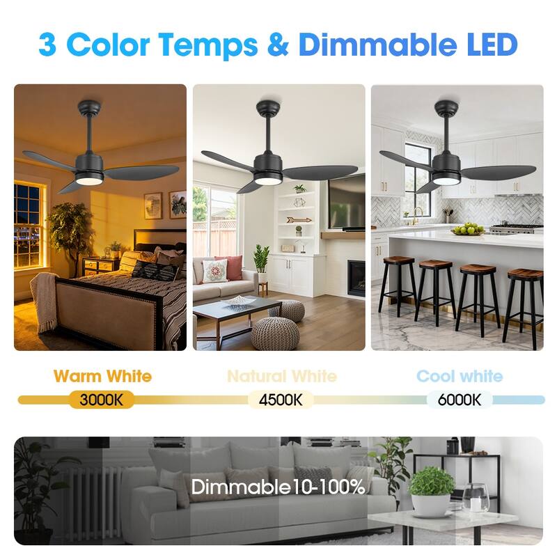 MLiAN 42 in 3 ABS Blades Indoor and Outdoor Ceiling Fan with Integrated LED and Remote Downrod