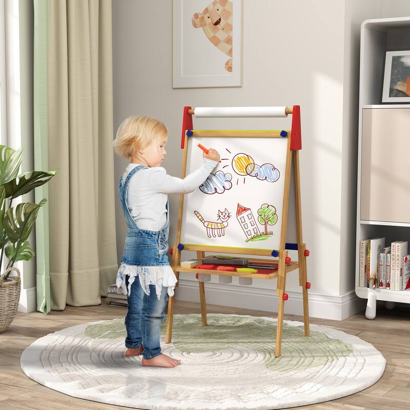 Adjustable Height Wooden Kids Art Easel with Whiteboard and Blackboard Paper Roll Storage Space - 24" W x 18.5" D x 44.5" H