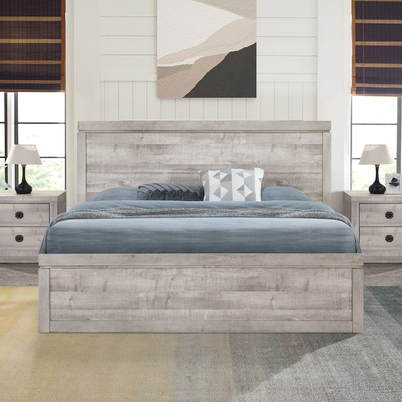 Vintage Farmhouse Style Platform Bed with 10 Wooden Slats Support for Bedroom - Rustic White - King
