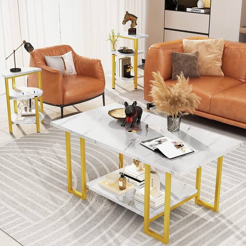 3 Pieces Faux Marble Coffee Table Set with 1 Coffee Table and 2 End Tables, Modern Sofa Side Table with Shelf, Cocktail Table