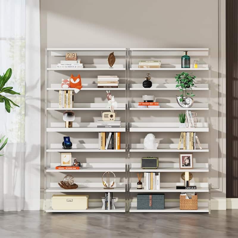 63" 8-Tier Acrylic Bookshelf, Modern Bookcase with Wood Shelves, Display Storage Rack for Living Room, Bedroom & Home Office