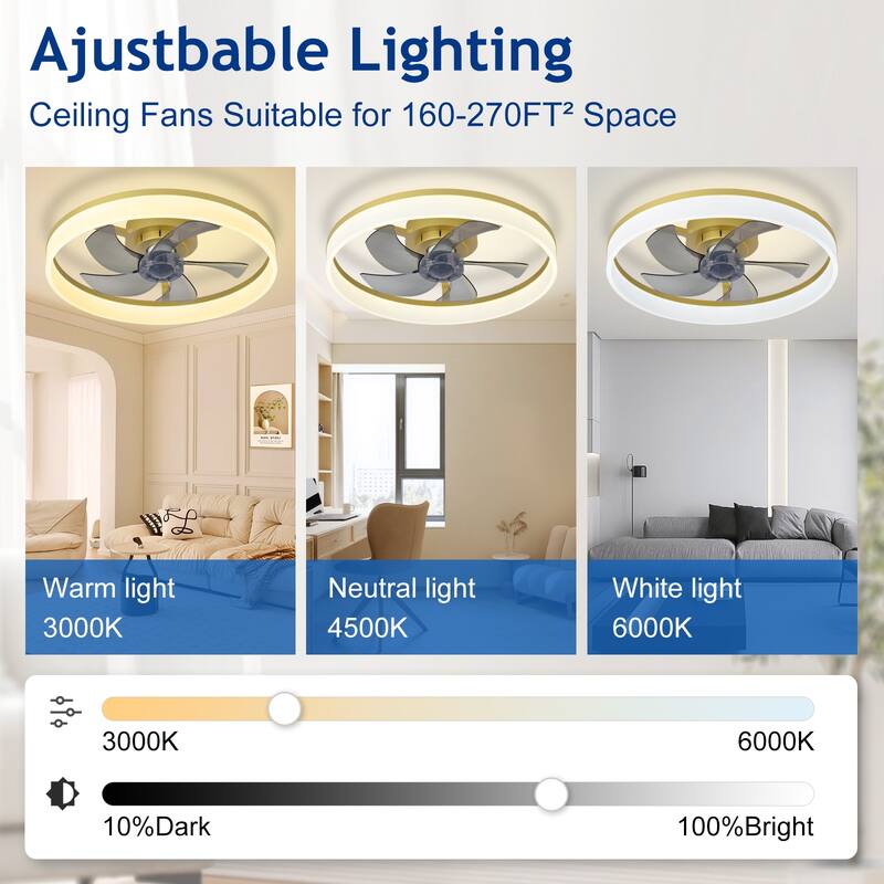 Ceiling Fan with Light: Low Profile, App Remote Control, 6-Speed, 3 CCT, Quiet DC Motor, Dimmable LED, 20" /16"