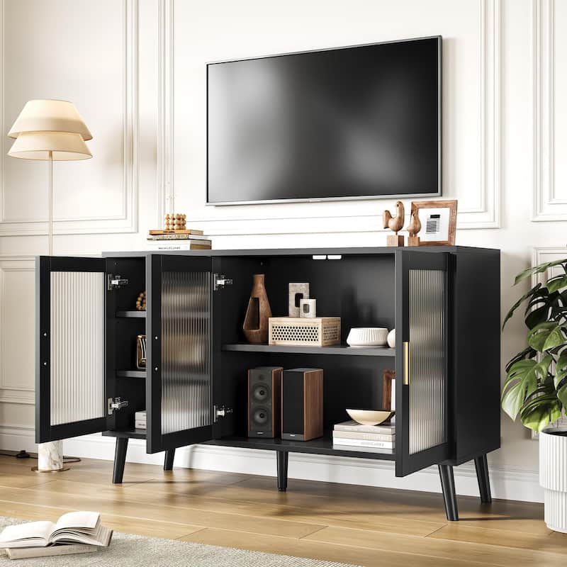 Sideboard Buffet Cabinet, 48" Kitchen Sideboard Cabinet with 3 Fluted Glass Doors Removable Shelves