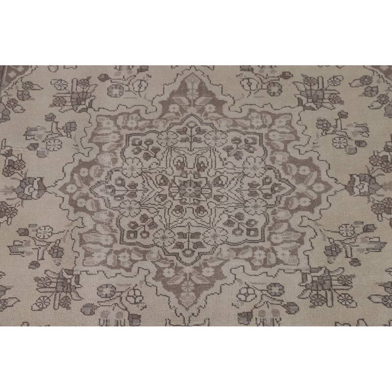 Distressed Tabriz Persian Vintage Area Rug Handmade Beige Wool Carpet - 6'7" x 9'6"
