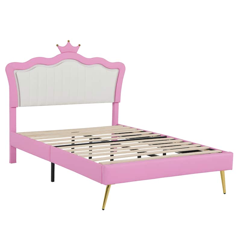 Upholstered Bed Frame with LED Lights and Crown Headboard