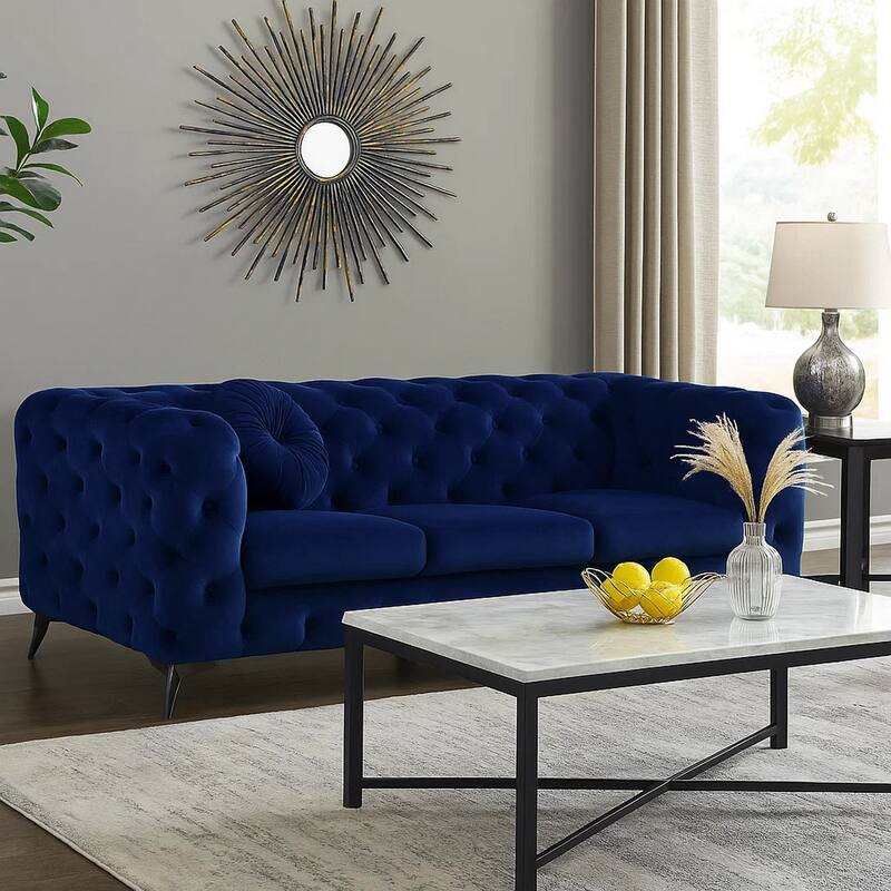 Chesterfield Design Fabric Sofa with Track Arms and Angled Metal Legs, Blue
