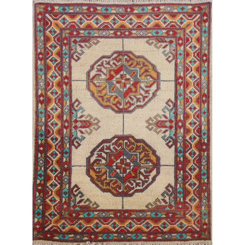 Geometric Kazak Foyer Rug Handmade Beige Traditional Wool Carpet - 2'0" x 3'0"