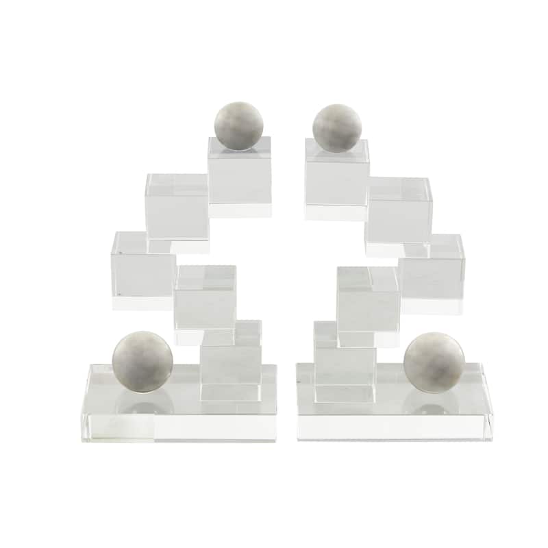 Glass Geometric Stacked Squares Bookends with Silver Orbs - Set of 2 Clear - Roche River Decor