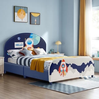 Costway Kids Upholstered Platform Bed Children Twin Size Wooden Bed