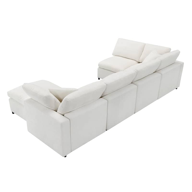 Beige 130" Chenille Cloud Upholstered Modular U-Shaped Sleeper Sectional Sofa, 6-Piece Free Combination with Removable Ottoman