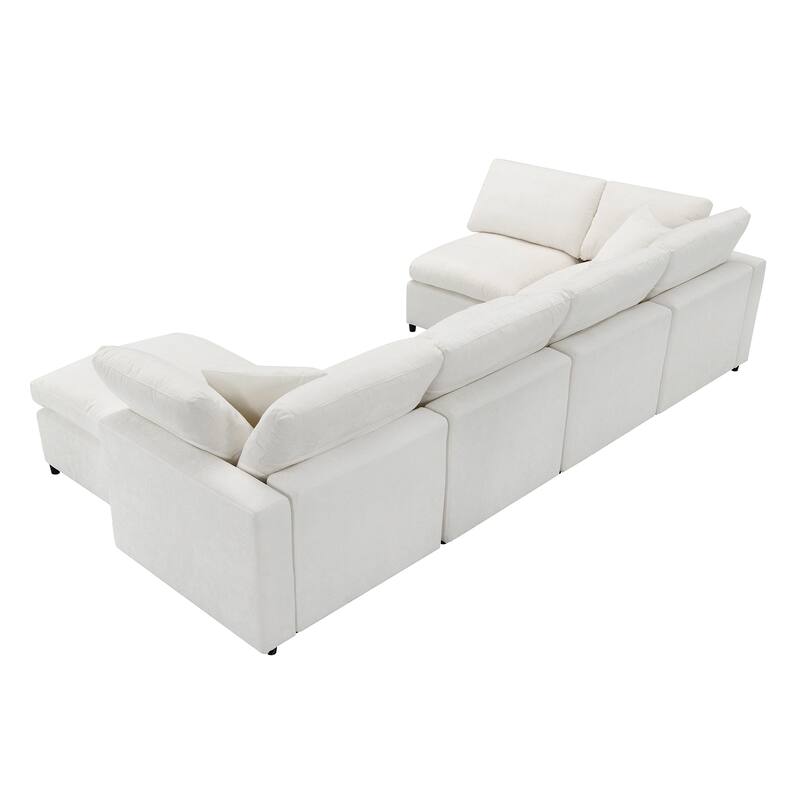 Oversized Chenille Sectional Sofa Bed, Modular 6 Seater Cloud Sofa with Ottoman, Convertible U Shaped Sleeper Sofa with Pillow