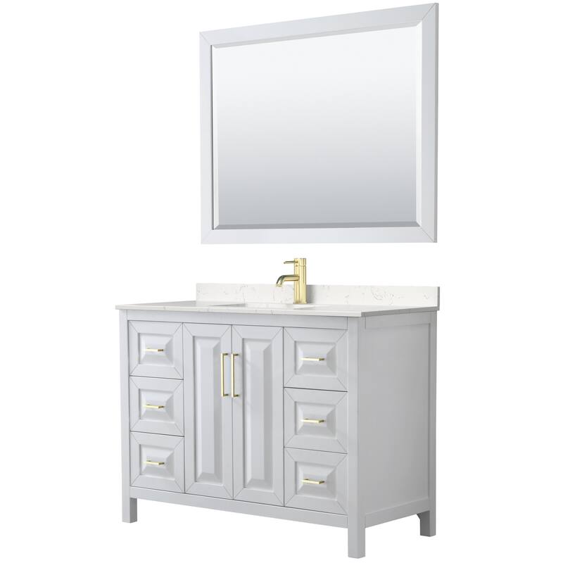 Daria 48 Inch Single Vanity, Cultured Marble Top, 46 Inch Mirror - White, Gold Trim, Carrara Cultured Marble Top