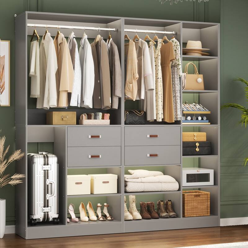 Vryon 110'' Set of 3 Freestanding Corner Closet System, Reversible Closet Organizer with Drawers and Hanging Rods - 79'' - Grey