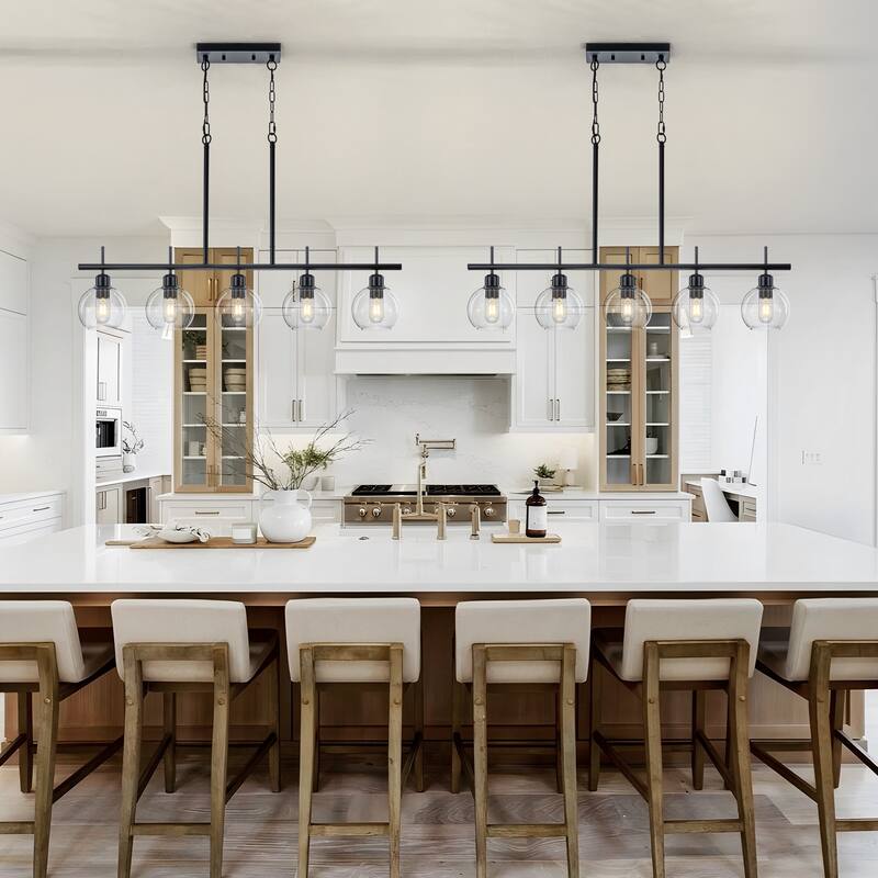 Starsky 5-Light Modern Linear Kitchen Island Pendant with Seeded Glass Globes, Adjustable Height, Black or Gold