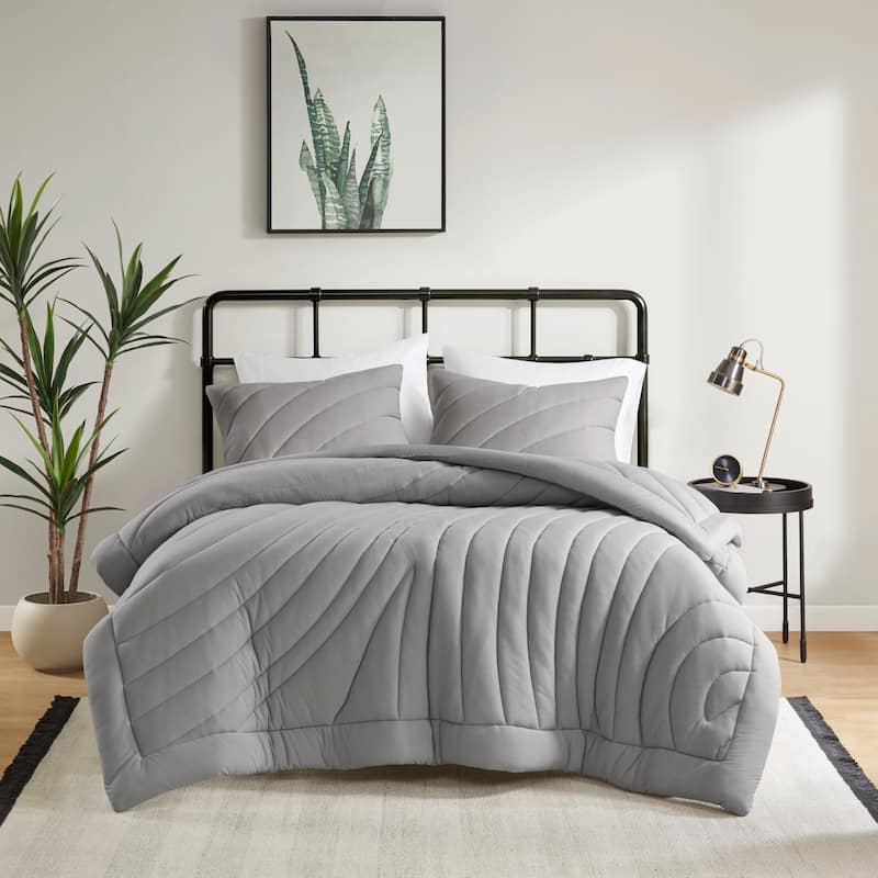 GDF Studio - Elowen Poly Jersey Puffy Comforter Set with Quilted Design - Gray (Full/Queen)
