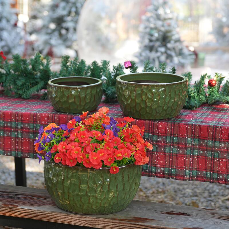 Handmade Glazed Ceramic Planter Set of 3, 15/12/10 Inch Diameter, Hammered Pattern