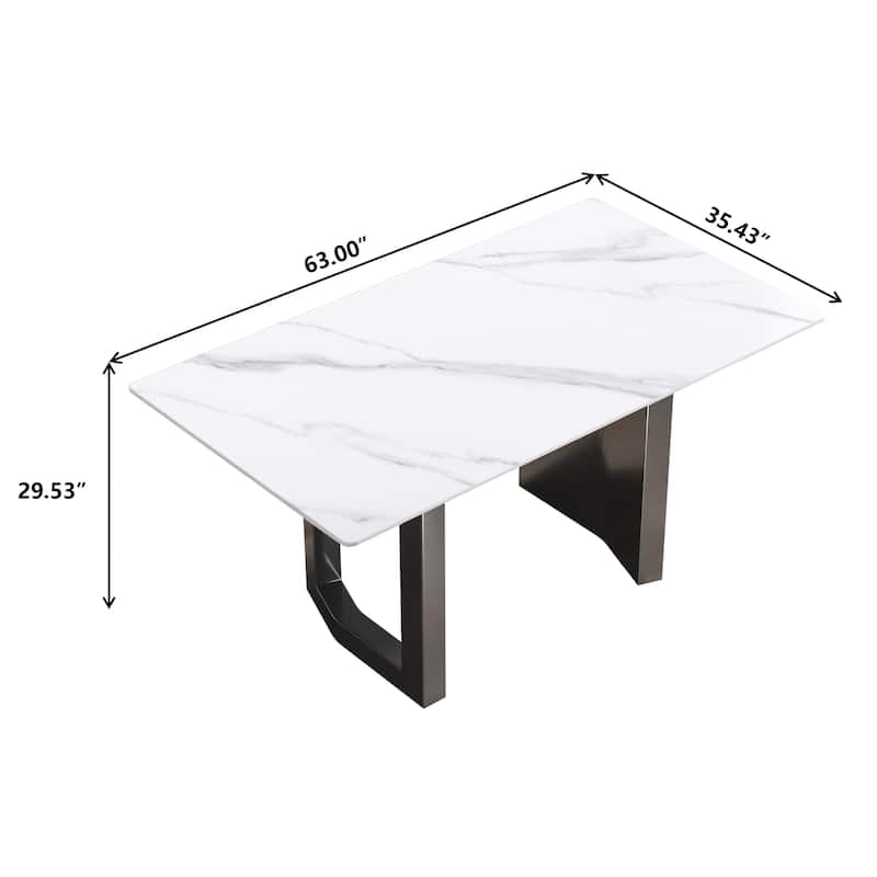 63"Modern artificial stone white straight edge metal leg dining table -6 people