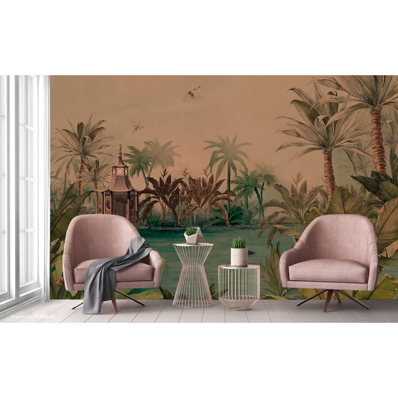 Tranquil Lakeside Pavilion Mural Tropical Palms Black Swan