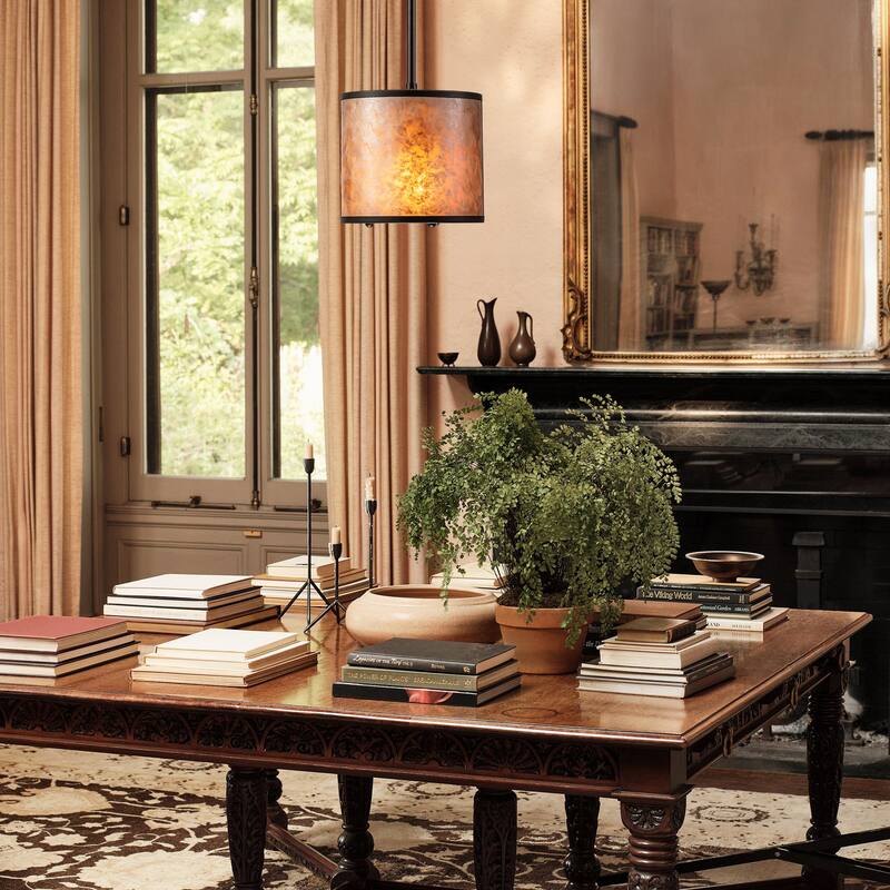 20" W and 8" W Rustic Matte Black Finish Tawny Mica Drum Pendant Light for Living Room & Bedroom