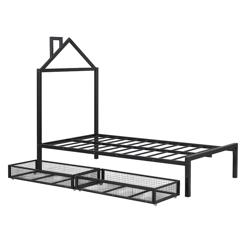 Twin Size House Shaped Metal Platform Bed with Drawers