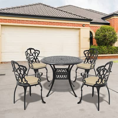 3/5-Piece Cast Aluminum Outdoor Dining Set with 35.43 in. Round Table and Random Color Seat Cushions